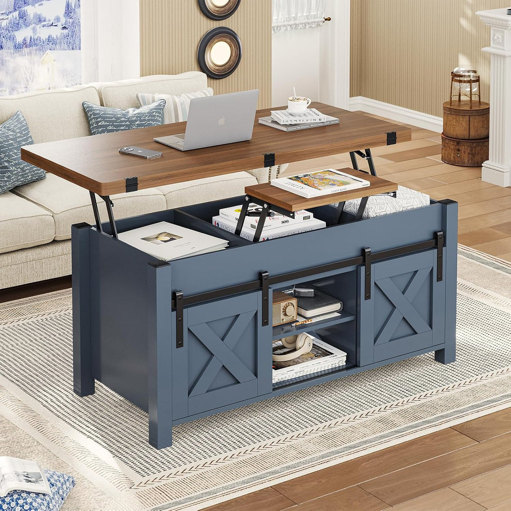 SEDETA Lift Top Coffee Table, 4 in 1 Multi-Function Convertible Coffee Tables with Storage and Hidden Compartment, Farmhouse Coffee Table Converts to Dining Table for Living Room, Blue