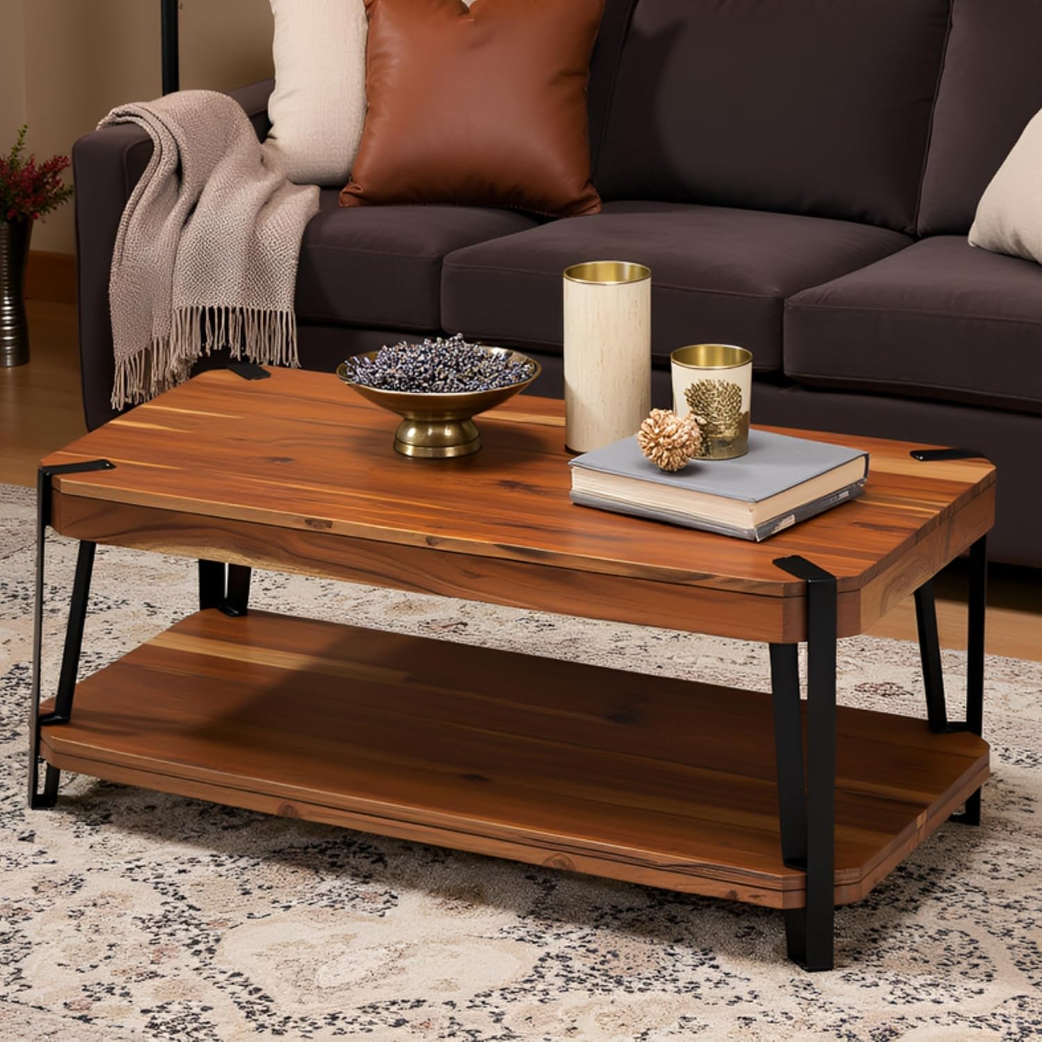 Ryegate 42-Inch Coffee Table – Solid Acacia Wood Live Edge Top with Lower Shelf and Metal Frame Base – Rustic Industrial Modern Living Room Center Table by Alaterre Furniture (Natural)