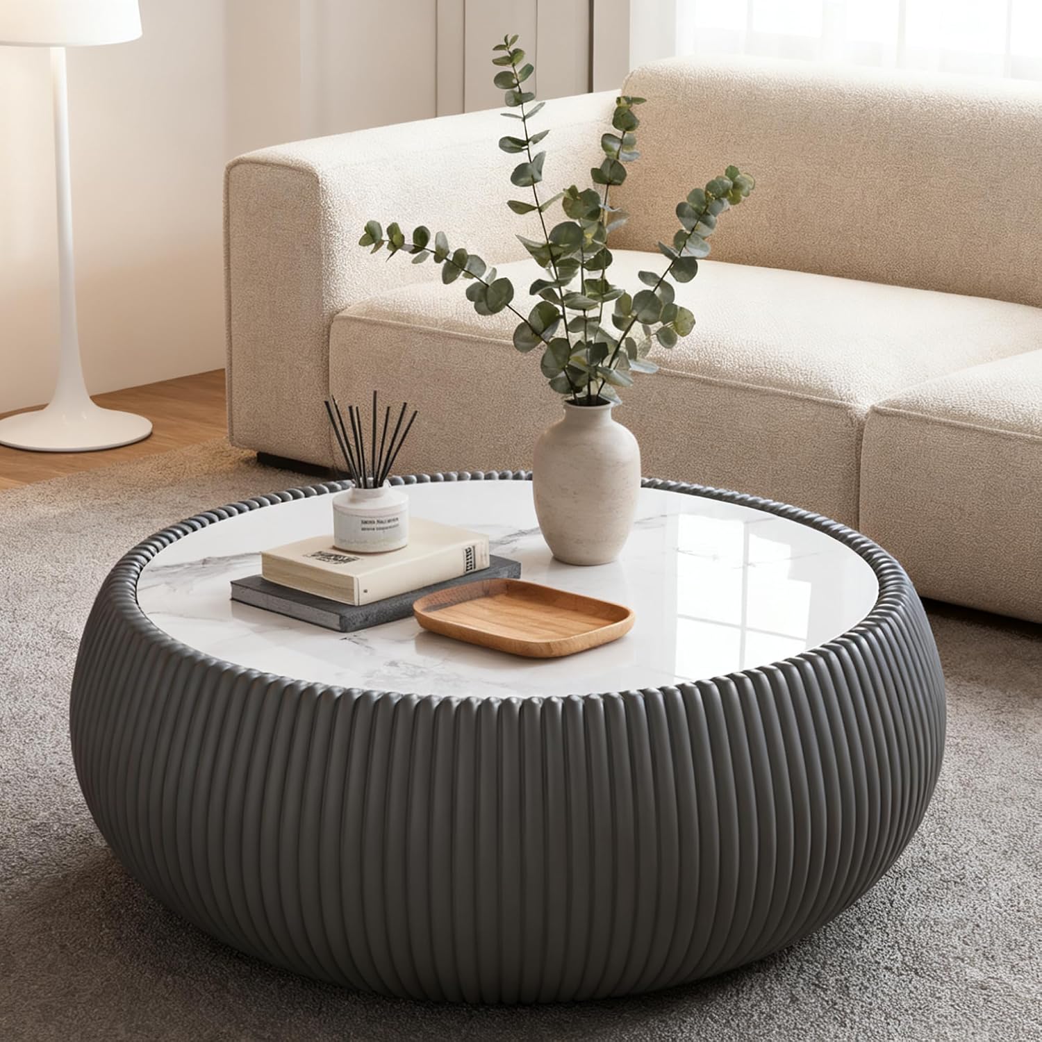 Modern Round Coffee Table Luxury Sintered Stone Top Coffee Table in Grey Leatherette Creative Drum-Shape Cocktail Center Table for Living Room Bedroom,Fully Assembled