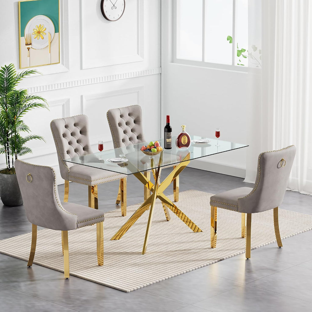 51' Modern Dining Table Set for 4, Rectangular Tempered Glass Dining Table and 4 Grey Velvet Dining Chairs, Luxury 5 Piece Kitchen Dining Room Tables Set with Gold Chrome Metal X-Base