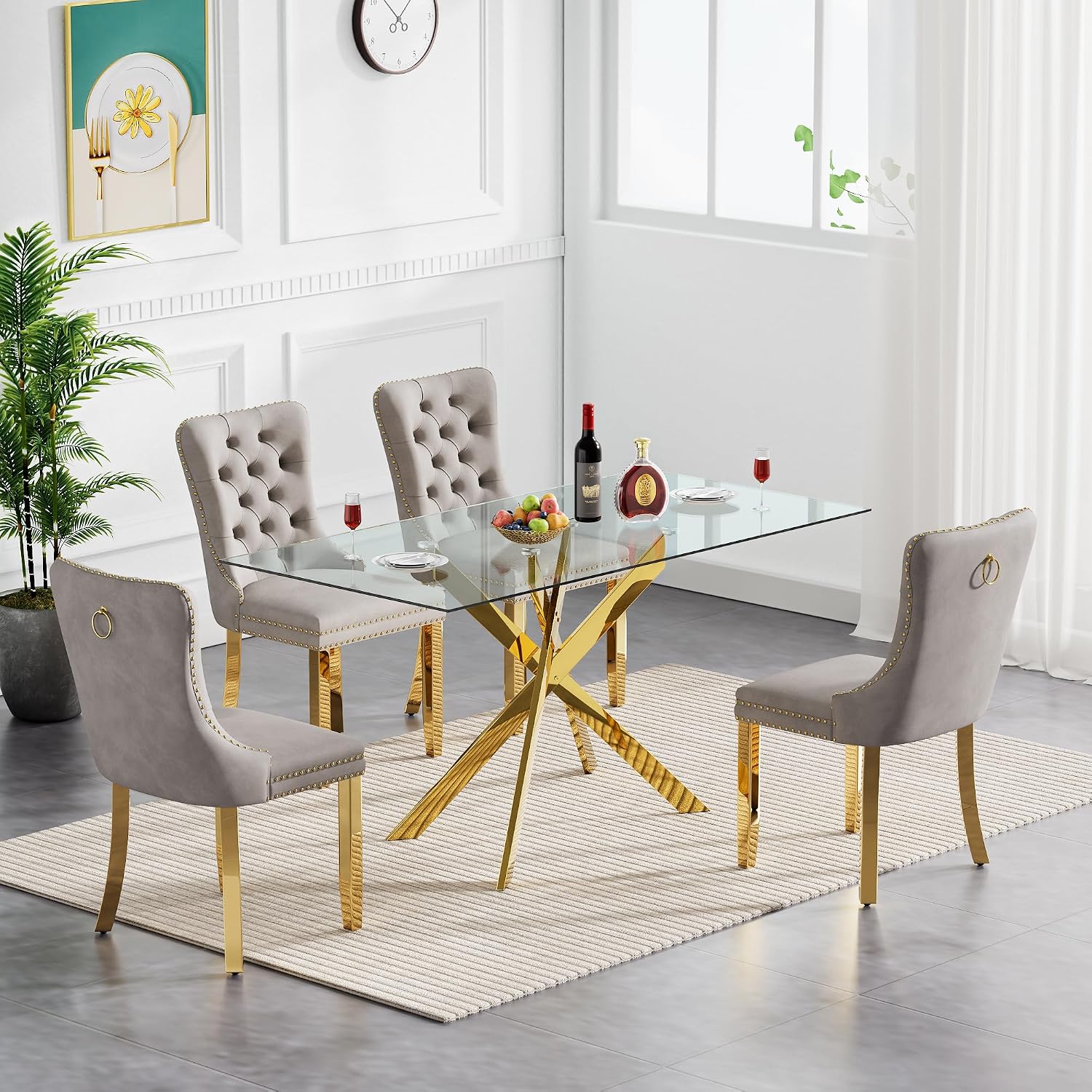 51' Modern Dining Table Set for 4, Rectangular Tempered Glass Dining Table and 4 Grey Velvet Dining Chairs, Luxury 5 Piece Kitchen Dining Room Tables Set with Gold Chrome Metal X-Base