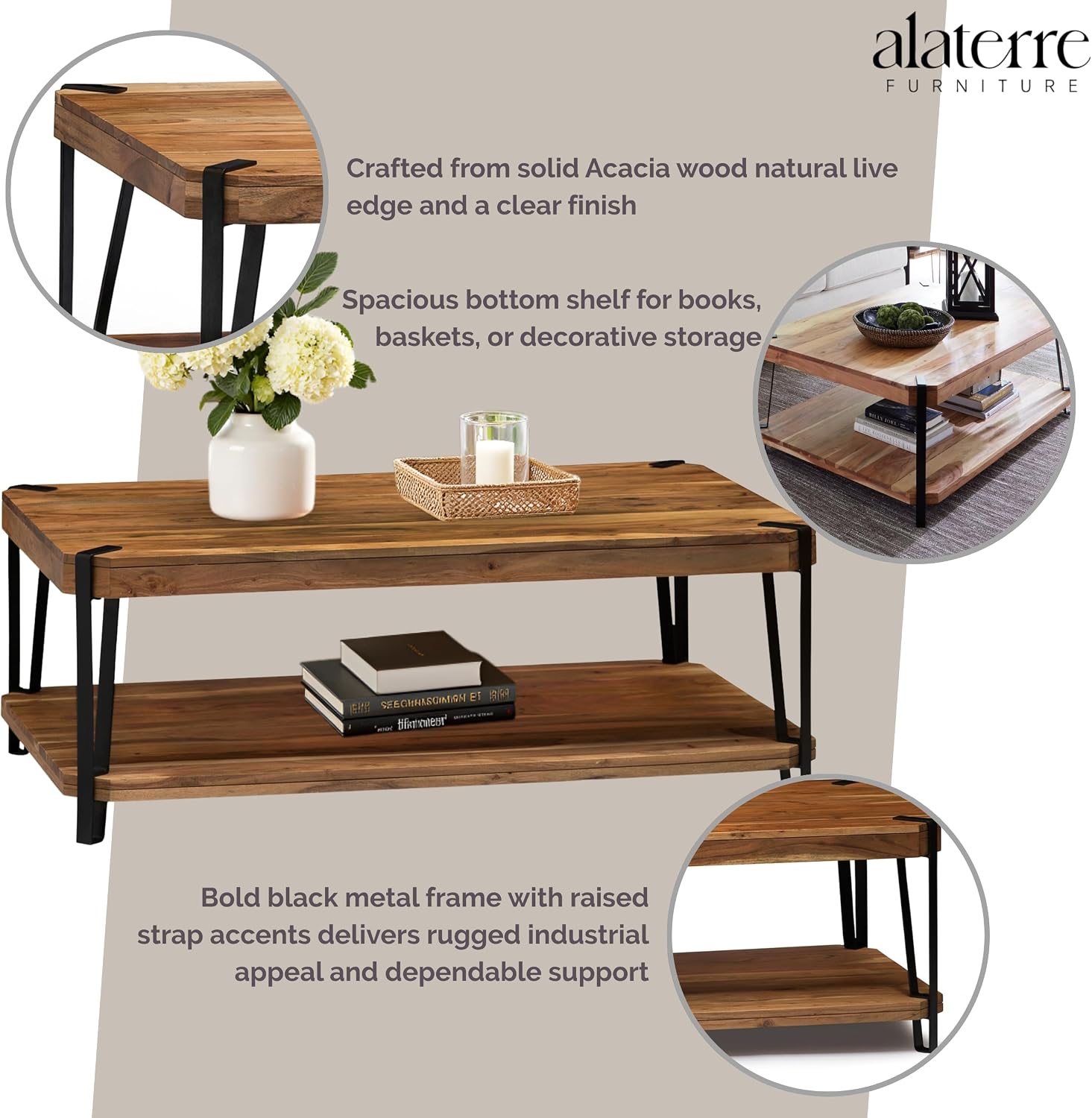 Ryegate Large Coffee Table, 48 Inch Natural Solid Acacia Wood with Unique Live Edge and Metal Frame, Industrial Modern Style, Durable Construction with Clear Natural Finish, Ideal for Living Room