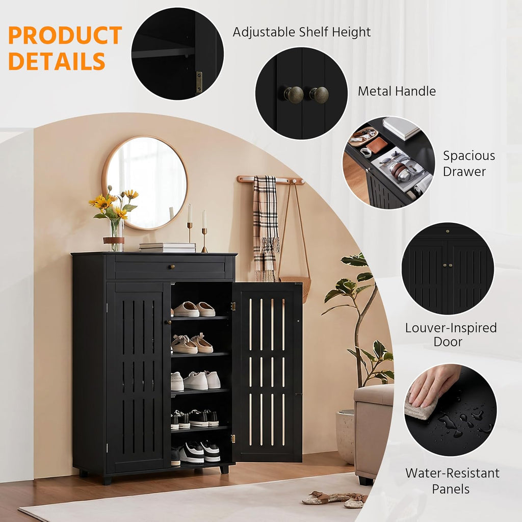 Yaheetech Shoe Cabinet, 5-Tier Shoe Rack Organizer with 1 Drawer, Freestanding Wooden Shoe Storage Cabinet with 2 Louvered Door & Adjustable Shelves for Entryway Hallway, Black