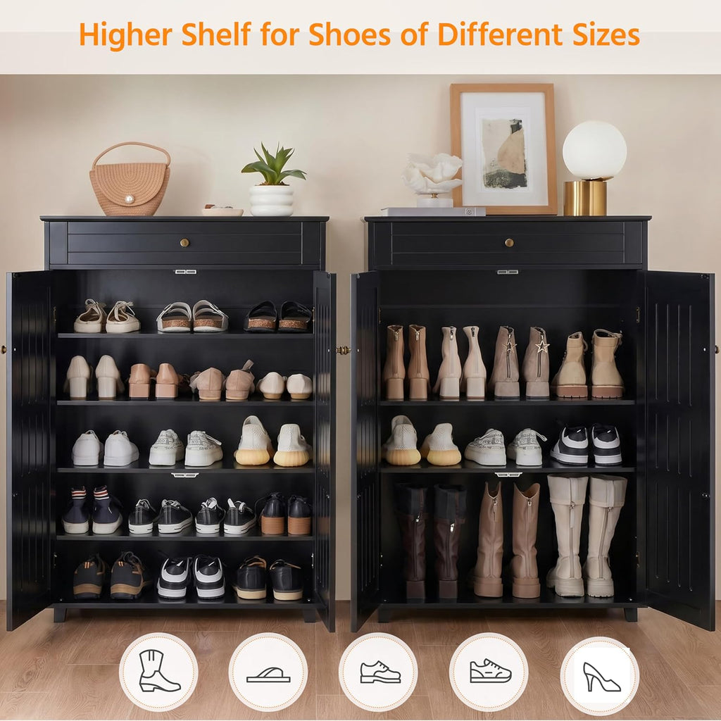 Yaheetech Shoe Cabinet, 5-Tier Shoe Rack Organizer with 1 Drawer, Freestanding Wooden Shoe Storage Cabinet with 2 Louvered Door & Adjustable Shelves for Entryway Hallway, Black