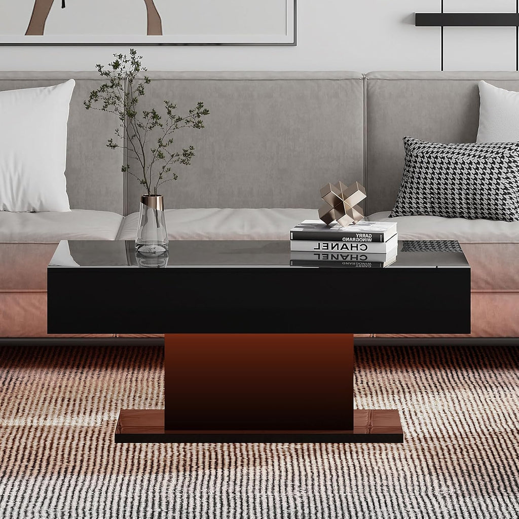 HedoAjim Led Coffee Table for Living Room, Living Room Table Rectangular Center Table, Modern High Glossy Wooden Coffee Tables with 16 Colors LED Lights for Dining Reception Room, Black