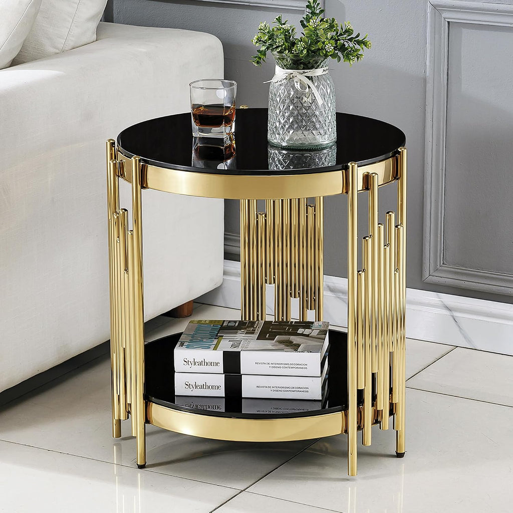 20' Round Glass End Table, 2-Tier Gold Side Table with Stainless Steel Legs and Black Tempered Glass, Modern Luxury End Table for Living Room Home Office