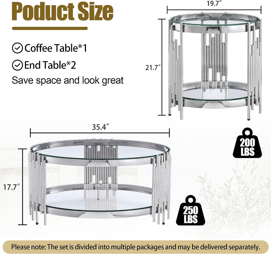 Round Glass Coffee Table Set of 3, 2-Tier Luxury Living Room Table and 2 End Tables, Clear Tempered Glass Tabletop with Silver Mirrored Stainless Steel Table Base, for Living Room, Office, Apartment