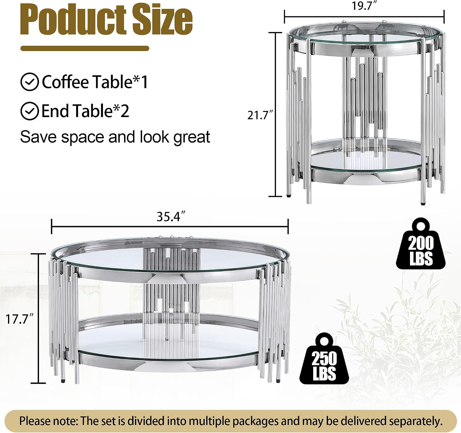 Round Glass Coffee Table Set of 3, 2-Tier Luxury Living Room Table and 2 End Tables, Clear Tempered Glass Tabletop with Silver Mirrored Stainless Steel Table Base, for Living Room, Office, Apartment