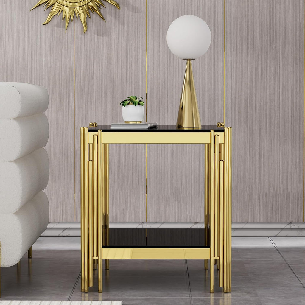 Luxury Gold Glass End Table,Sqaure Sofa Side Table with Shiny Geometric Stainless Steel Base,Black Glass Accent End Table Bedside Table Nightstand for Living Room Bedroom Office
