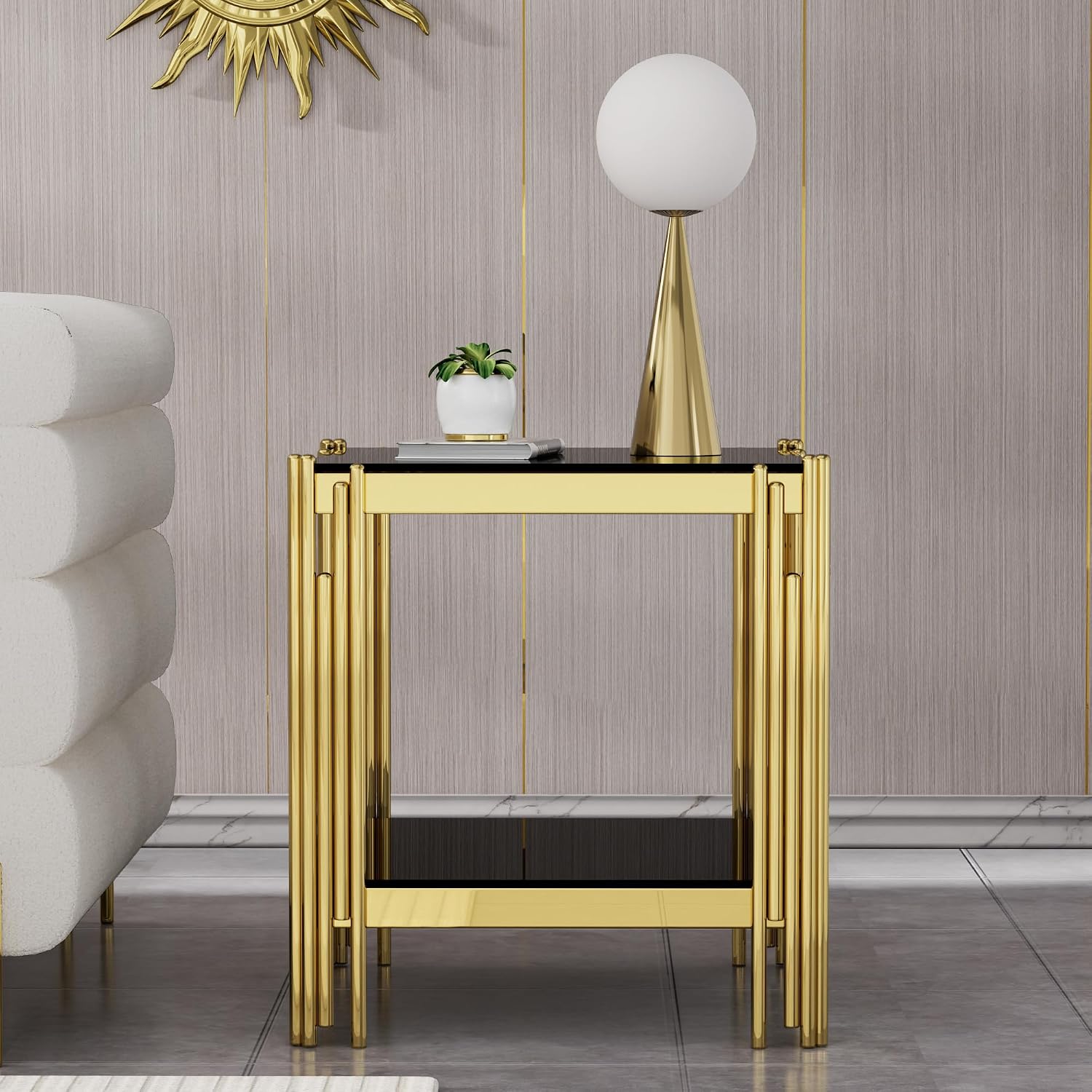 Luxury Gold Glass End Table,Sqaure Sofa Side Table with Shiny Geometric Stainless Steel Base,Black Glass Accent End Table Bedside Table Nightstand for Living Room Bedroom Office