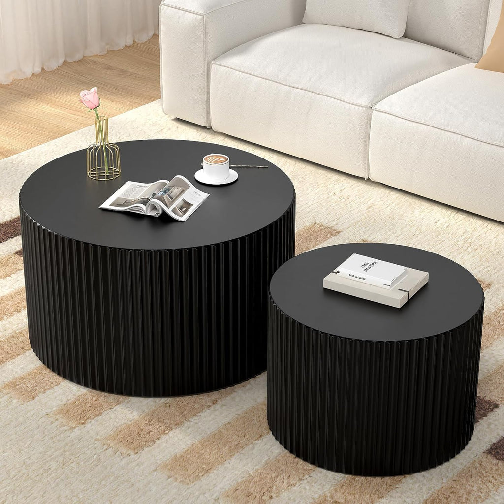 Round Nesting Coffee Table Modern Black Fluted Coffee Table Set of 2 for Living Room Circle Drum Coffee Tables Round Nesting Tables for Small Spaces (Black B 27in)