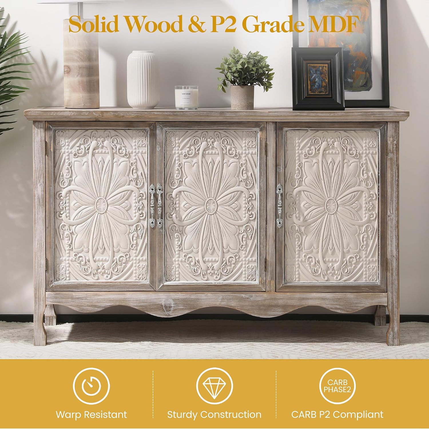RoyalCraft Farmhouse Sideboard Buffet Cabinet with Storage, 49' Solid Wood Credenza Buffet Table Coffee Bar Wine Bar Storage Cabinet with 3 Doors for Dining Room Living Room Hallway, (Provence Gray)