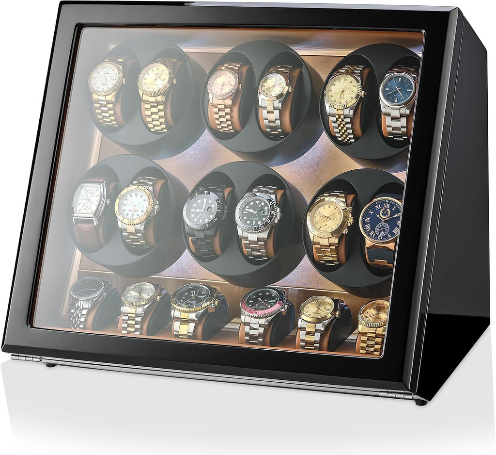 TIMECUBE 12 Watch Winder with 6 Storage Slots, LED Light and Automatic Motor-Stop