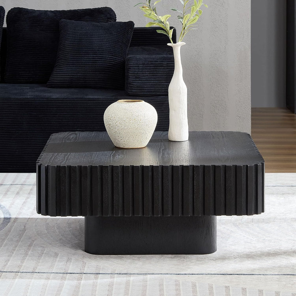 31.49'' Square Coffee Table for Living Room, Modern Wood Drum Pedestal Flute Embossment Coffee Table, Easy Assembly, Black