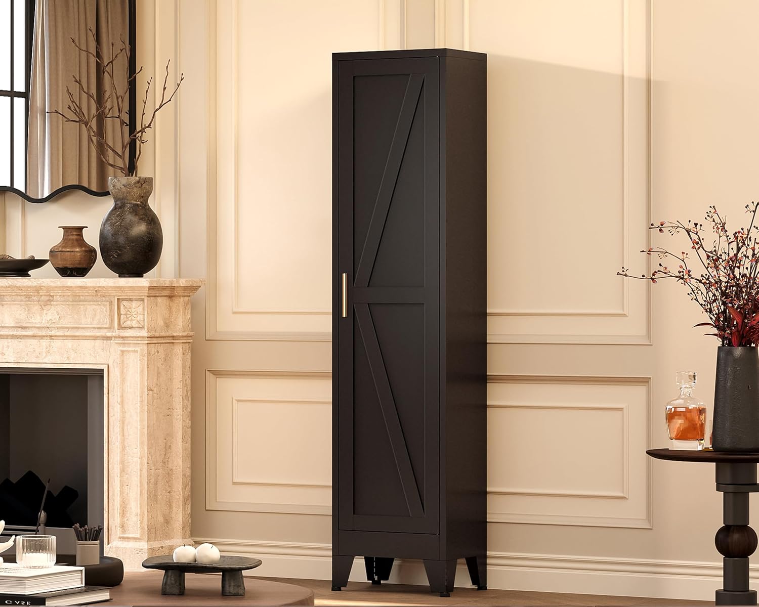67'H Metal Narrow Kitchen Pantry Cabinet,Black Skinny Pantry Cabinet,Tall Narrow Bathroom Storage Cabinet with Adjustable Shelves,Slim and Thin Pantry Cabinets for Living Room Dining Room