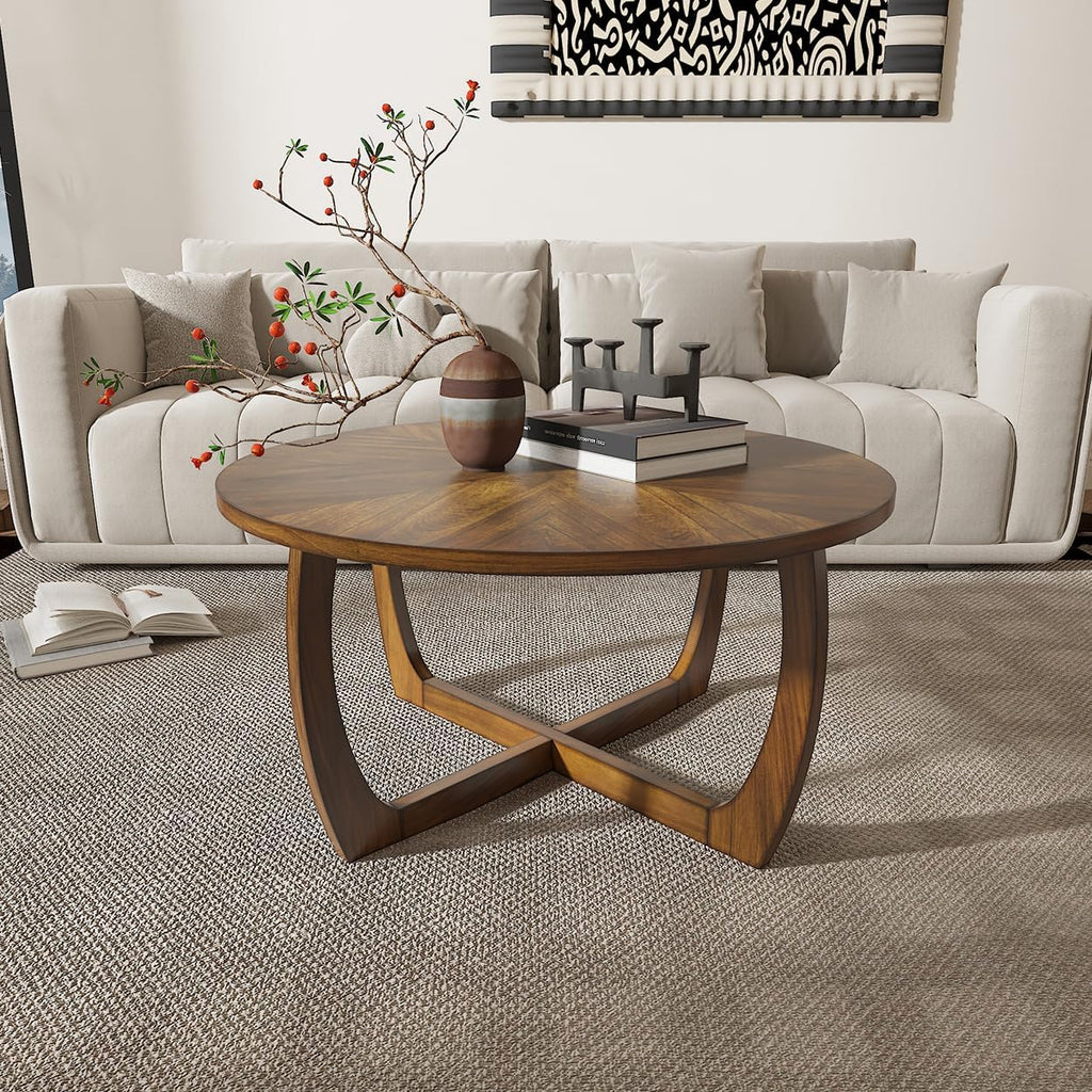 Round Wood Coffee Table, Solid Hardwood Coffee Tables for Living Room, Mid-Century Modern Coffee-Table with Criss-Cross Legs, 33.5' D x 17.7' H, Designed Home Furniture, Easy Assembly, Center Table