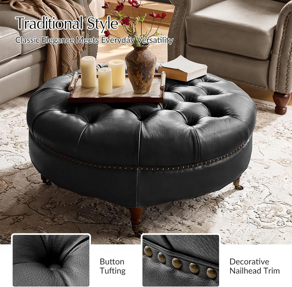 HULALA HOME 40' Genuine Leather Coffee Table, Large Round Button Tufted Coffee Table with Rolling Wheels, Solid Wood Legs, Nailhead Trim, Upholstered Ottoman Seating for Living Room, Black