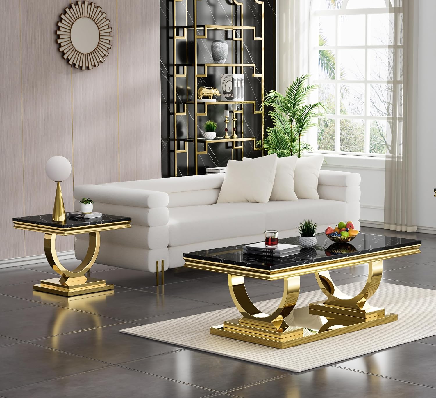 2 Piece Living Room Table Set, Modern Faux Marble Coffee & End Table Set for Living Room Apartment, Mirrored Stainless Steel Base, Imitation Marble Tabletop (Black & Gold)