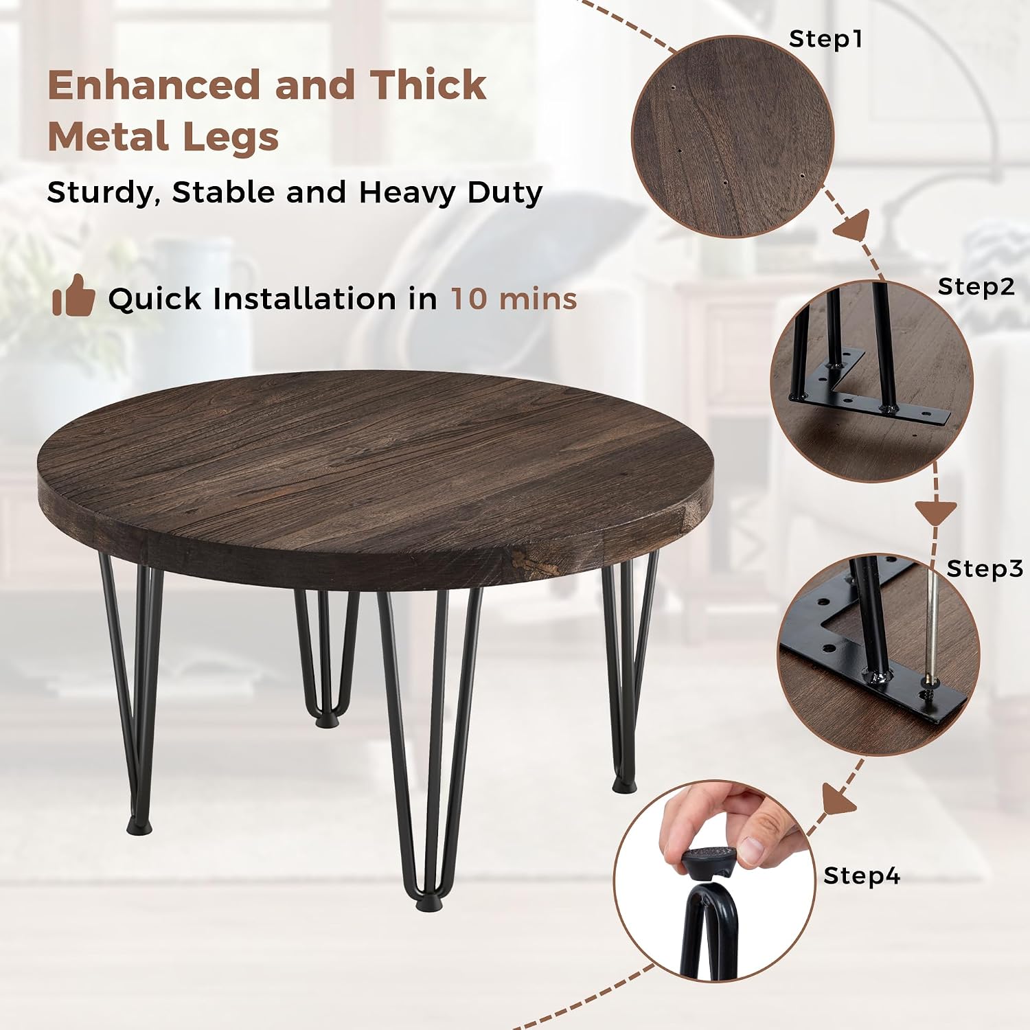 FLYJOE Rustic Wood Round Coffee Table with Metal Legs, Solid Elm Wood Top and Non-Slip Feet Pads - Farmhouse Style for Living Room, Walnut