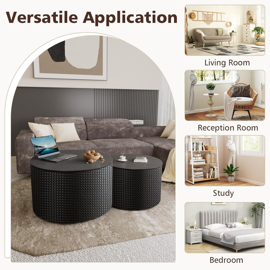 WXFKLDJ Nesting Coffee Tables Set of 2 Leather Finish Round Coffee Tables with Storage Wood Frame Drum End Side Table for Small Space Living Room Bedroom No Assembly Needed (Black with Storage)
