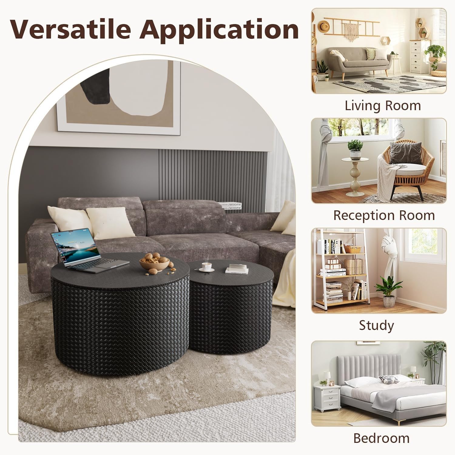 WXFKLDJ Nesting Coffee Tables Set of 2 Leather Finish Round Coffee Tables with Storage Wood Frame Drum End Side Table for Small Space Living Room Bedroom No Assembly Needed (Black with Storage)