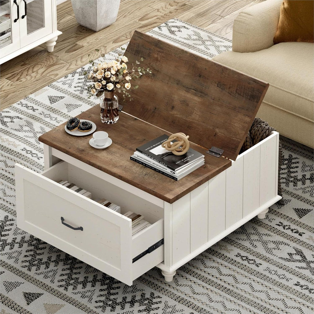 WAMPAT 3 Pieces Living Room Table Set, One Farmhouse Lift Top Coffee Table with Drawer, Set of 2 End Tables Nightstands with Charging Station, Off White