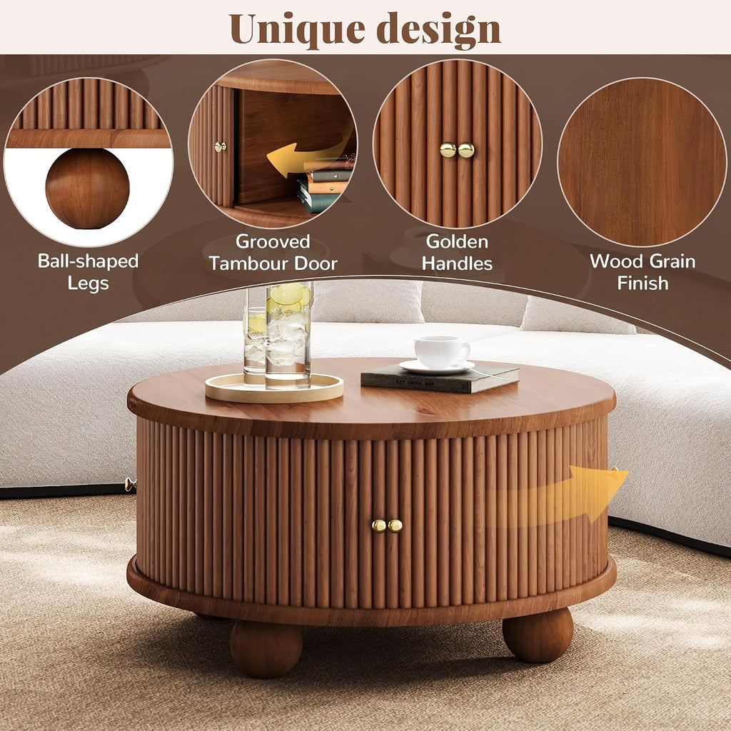 31.8'' Round Coffee Table with Storage Space for Living Room, Modern Fluted Wood Circle Coffee Table, Smooth Sliding Door, Walnut
