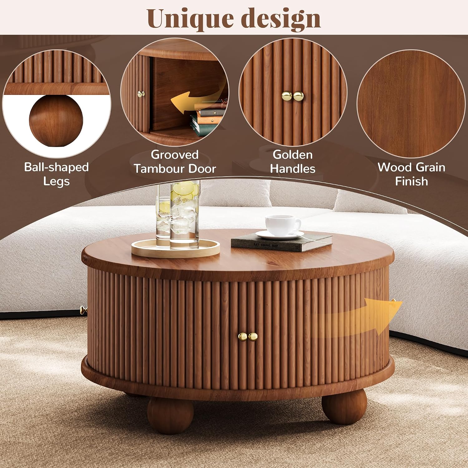 31.8'' Round Coffee Table with Storage Space for Living Room, Modern Fluted Wood Circle Coffee Table, Smooth Sliding Door, Walnut