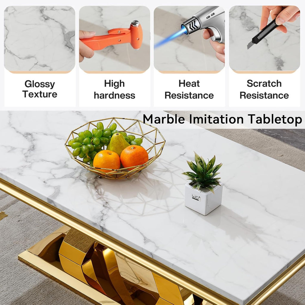 Modern Rectangle Coffee Table, 47-inch Coffee Tables for Living Room, White Faux Marble Coffee Table Accent Cocktail Table with Gold Stainless Steel X-Shape Frame for Home Office
