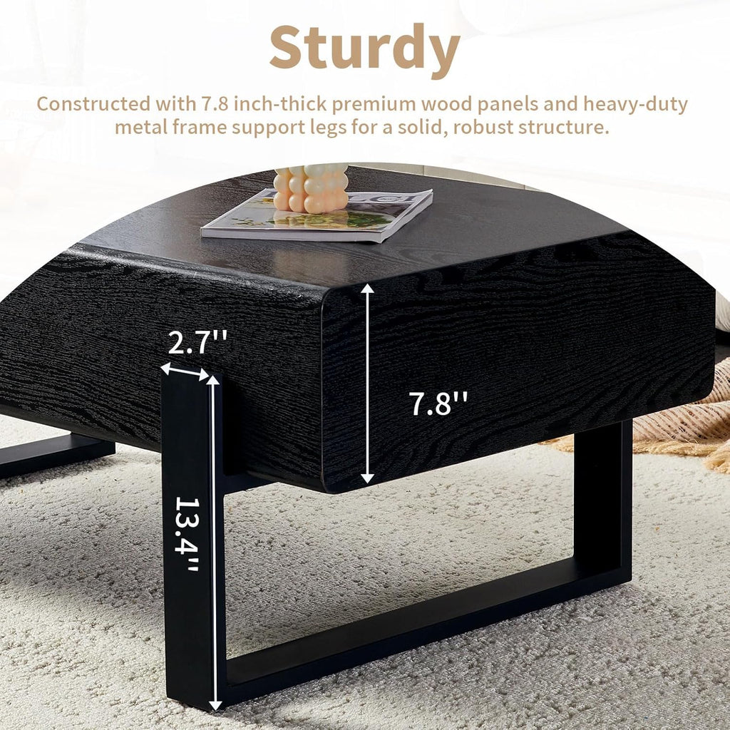 47.24' Rectangle Coffee Table, Wood Coffee Table Center Table with 7.8' Thick Tabletop Metal Legs Rounded Corners for Living Room Office, Black