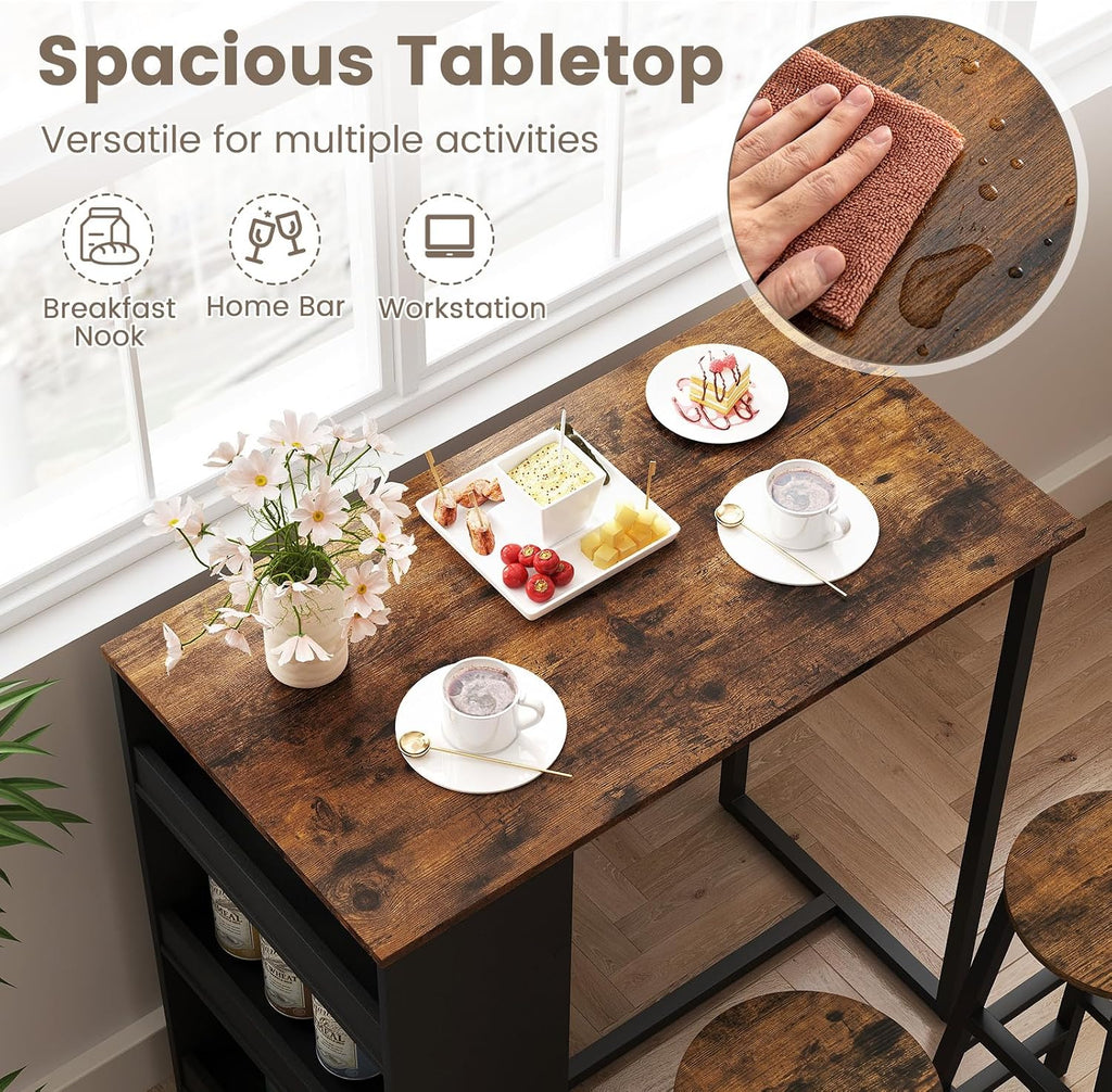 COSTWAY 3-Piece Bar Table Set, 36' Counter Height Breakfast Table with 3 Storage Shelves & 2 Round Stools, Rectangular Kitchen Table Set for 2, for Dining Room, Living Room, Rustic Brown and Black