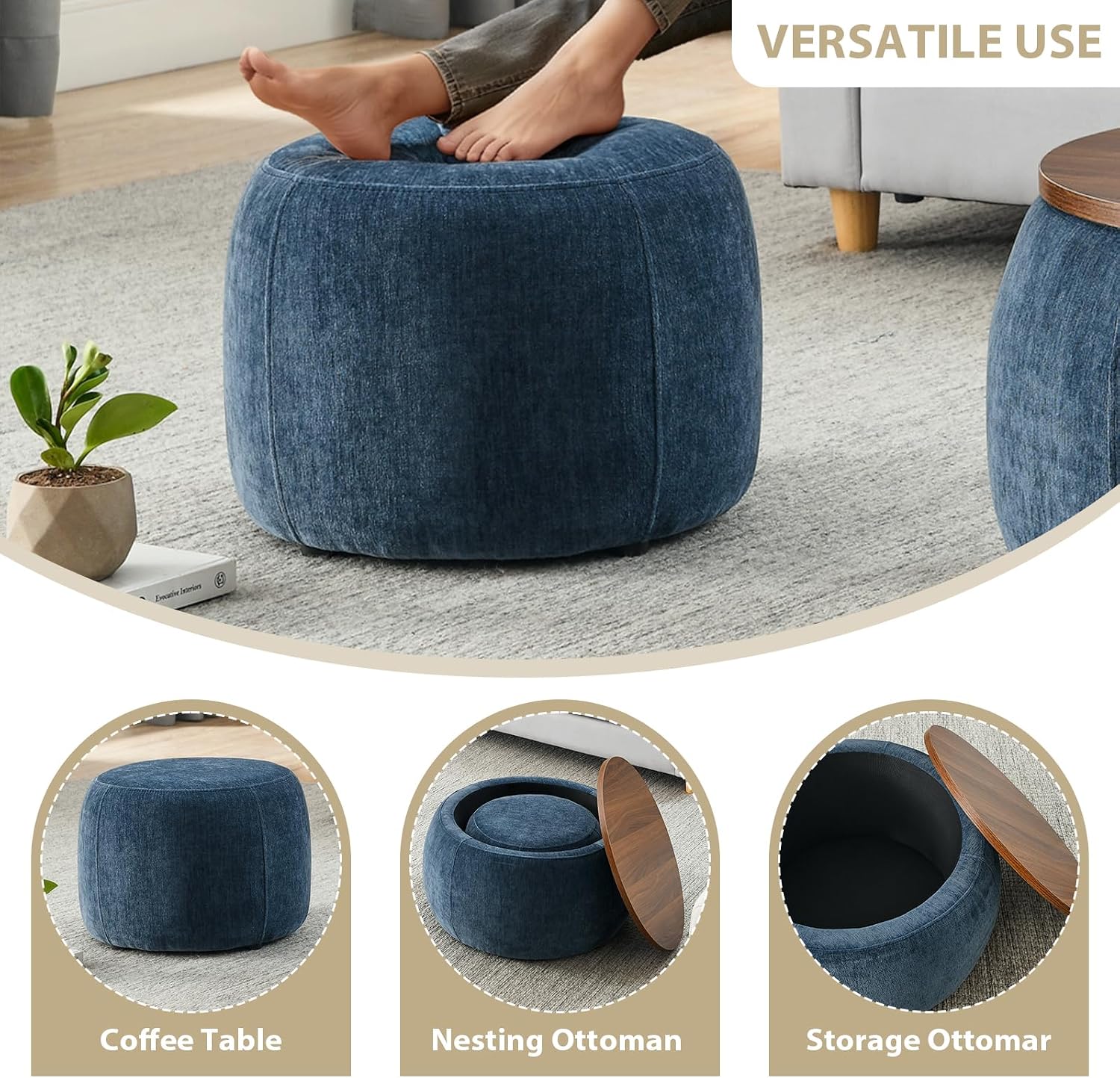 Round Ottoman with Storage Set, 25' +18' Circle Coffee Table Upholstered Nesting Modern End Table Footstool with Removable Wood Tray Chenille for Living Room No Assembly, Dark Blue