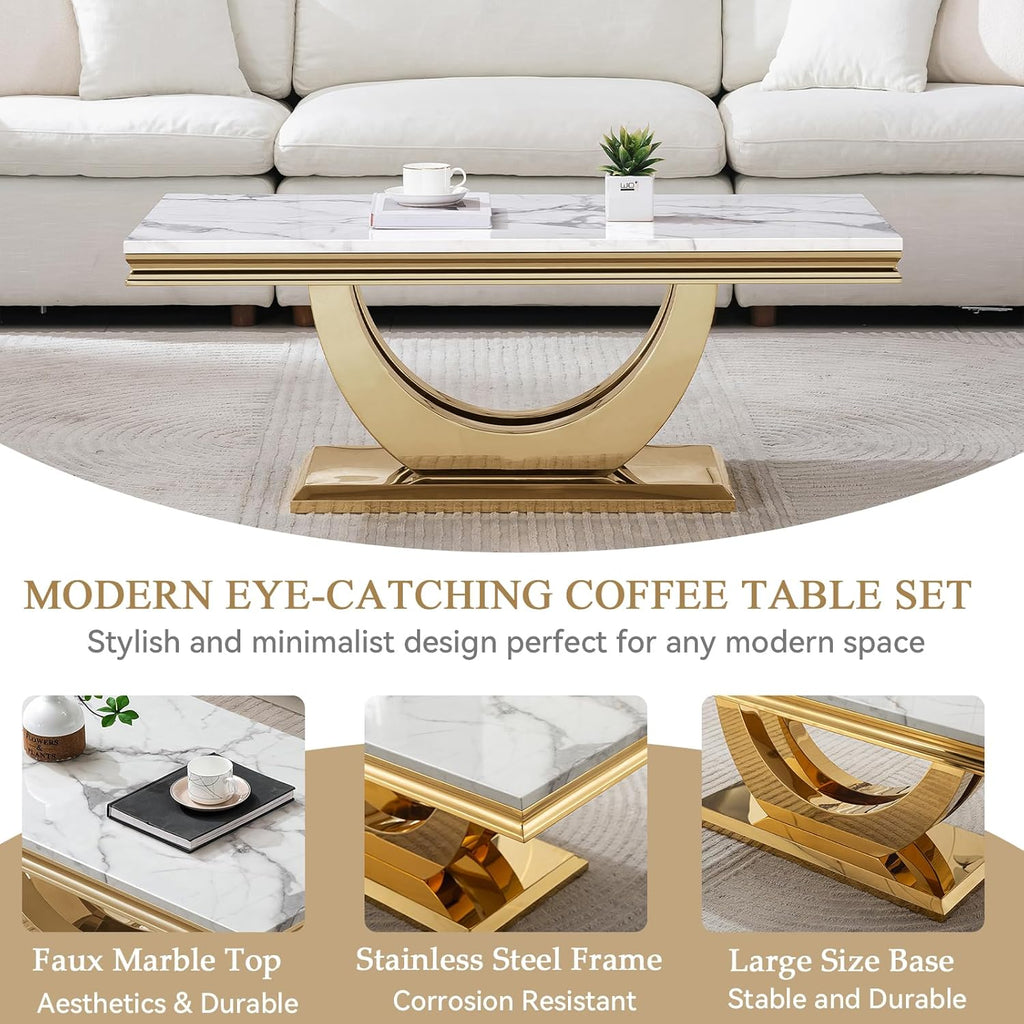 Marble Coffee Table Set of 3, 3 Piece Living Room Table Set Include 1 Coffee Table & 1 End Table & 1 Console Table, Modern White Gold Coffee Sofa Table Sets with Double U Shape Stainless Steel Base
