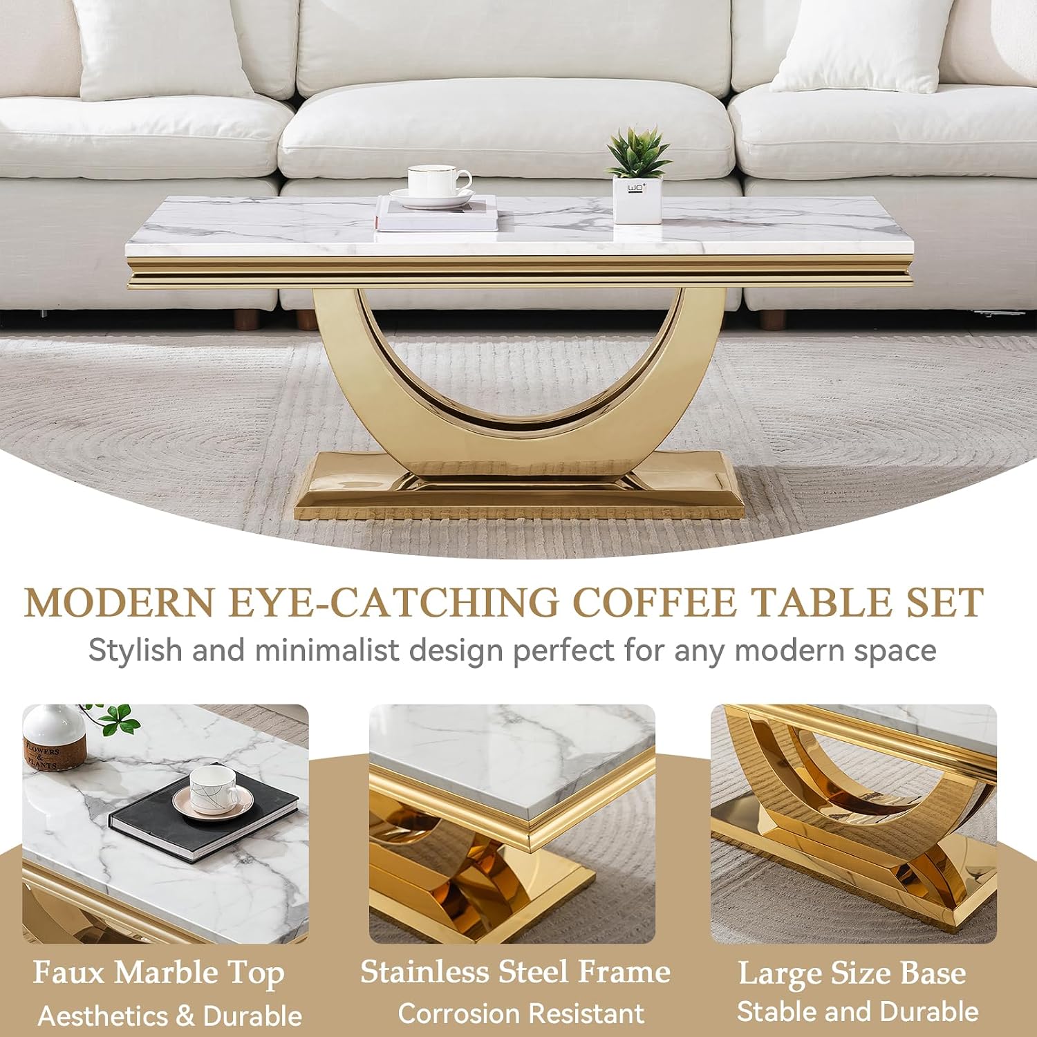 Marble Coffee Table Set of 4, 4 Piece Living Room Table Set Include 1 Coffee Table & 2 End Tables & 1 Console Table, Modern White Gold Coffee Sofa Table Sets with Double U Shape Stainless Steel Base