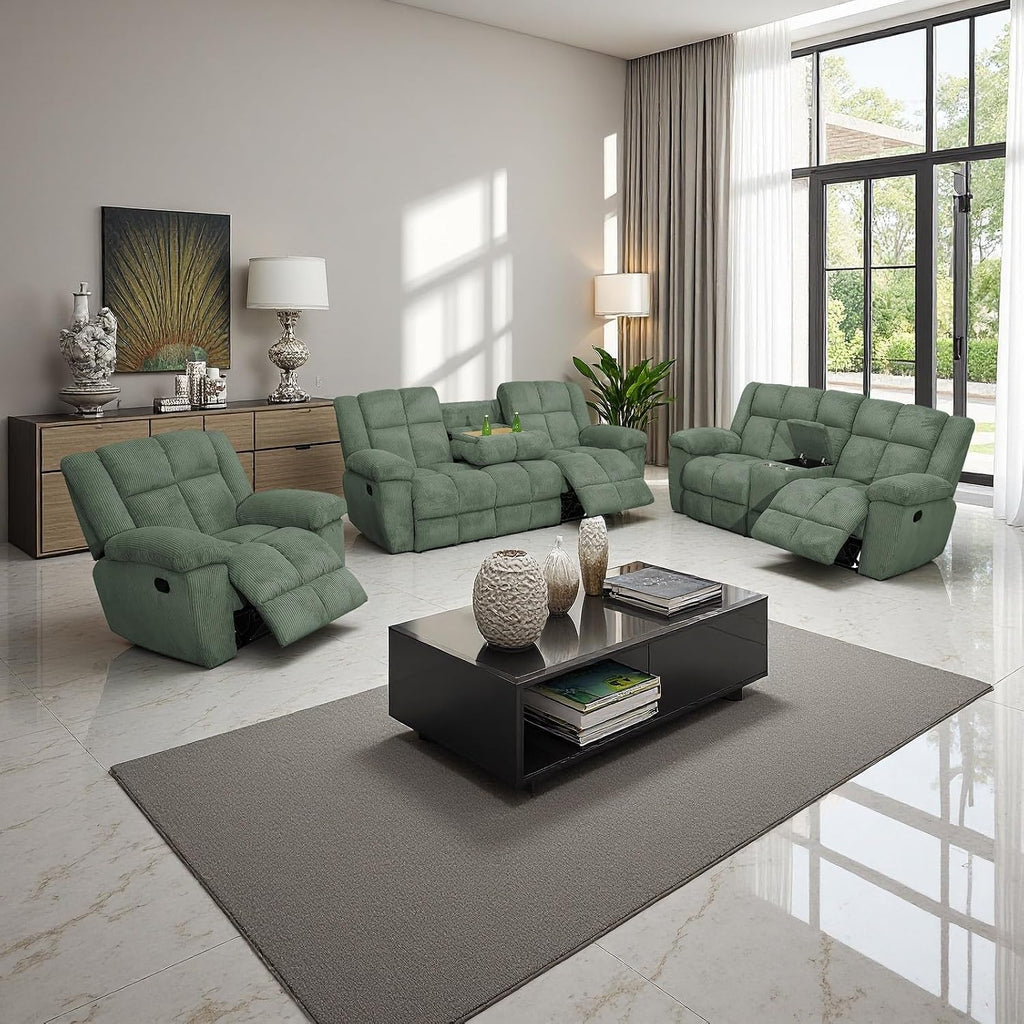 Corduroy Recliner Sofa Set with Cup Holder, 3 Pieces Living Room Furniture Sets, Green Manual Corduroy Sofa Set with Storage, Modern Reclining Couches for Living Room/Office