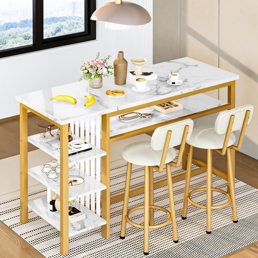 AWQM 3-Piece Bar Table and Chairs Set, Modern White Faux Marble Table with 2 PU Cushion Bar Stools, Kitchen Counter with 3 Tier Storage Shelves, Space Saving Table for Home & Kitchen, White & Gold