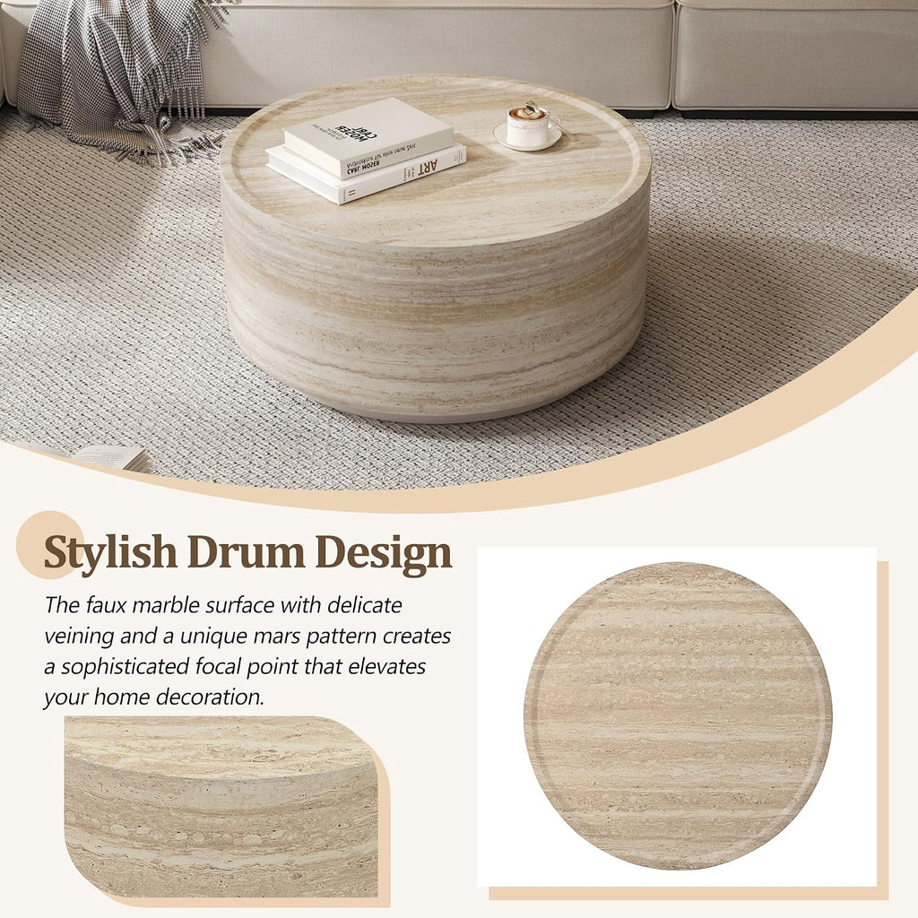 LUMISOL 27.5' Round Coffee Table, Faux Marble Center Table with Drum Design, Contemporary Side Table with Durable Construction for Living Room, Office, Apartment, No Assembly Required, Beige