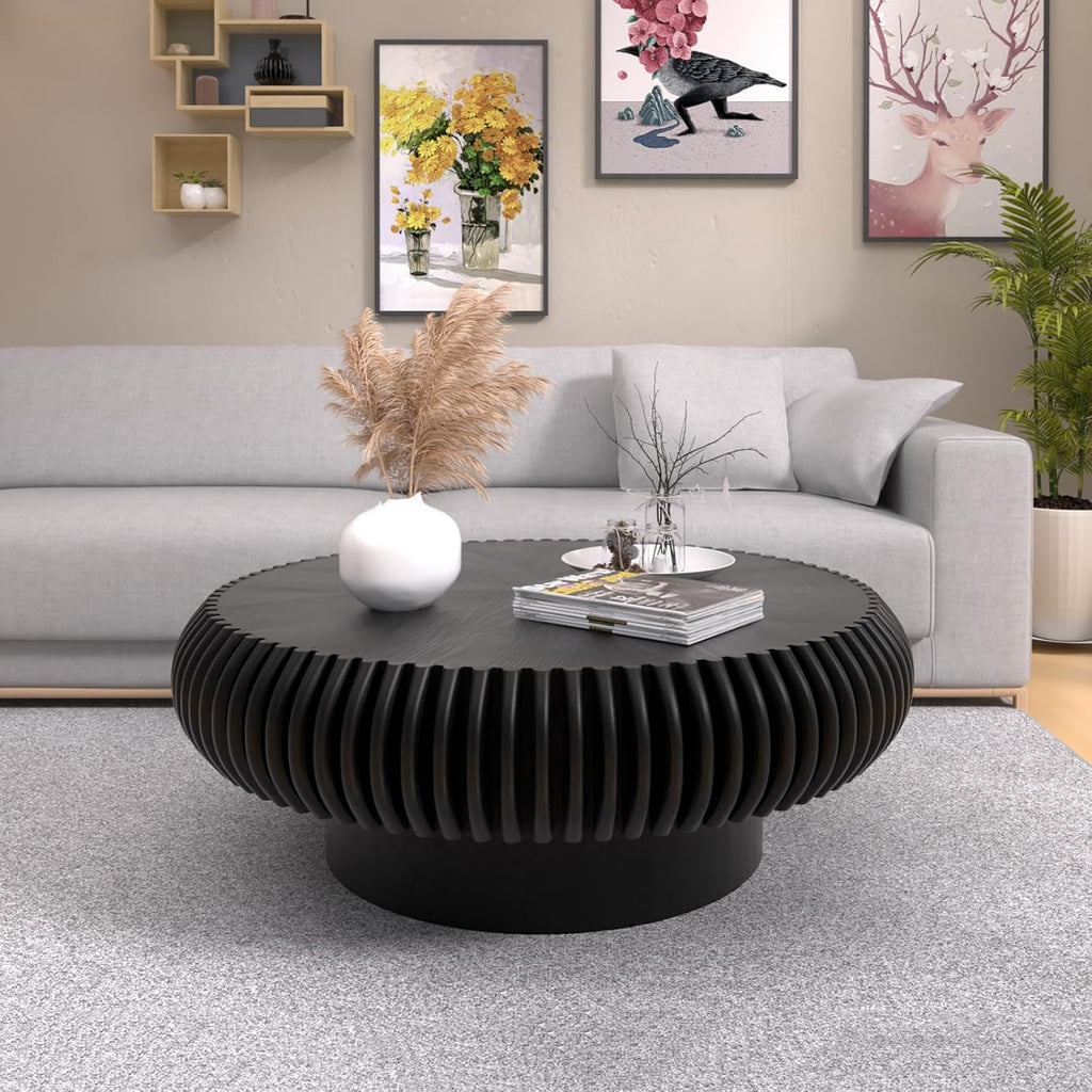 31.49' Round Fluted Coffee Table Unique Contemporary Wood Low Circle Drum Tea Tables with Sturdy Pedestal for Small Space (H Black 31.49in)