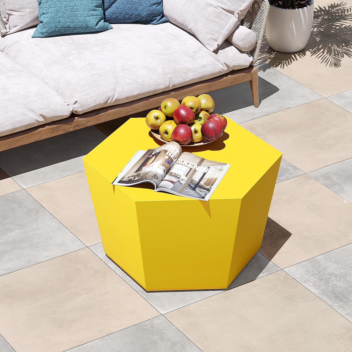 Patio Watcher 28' Modern Hexagon Coffee Table, Light Concrete Textured Center Table for Living Room, Accent Coffee Tea Table for Apartment, 28'×24'×15', No Assembly, Lemon Yellow