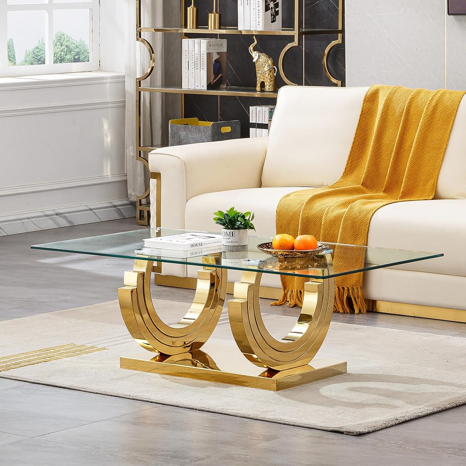 SSLine Modern 1 Piece Living Room Coffee Table Luxury Gold Glass Coffee Table with Ring-Shape Stainless Steel Base for Living Room Bedroom Office (1 Coffee Table)