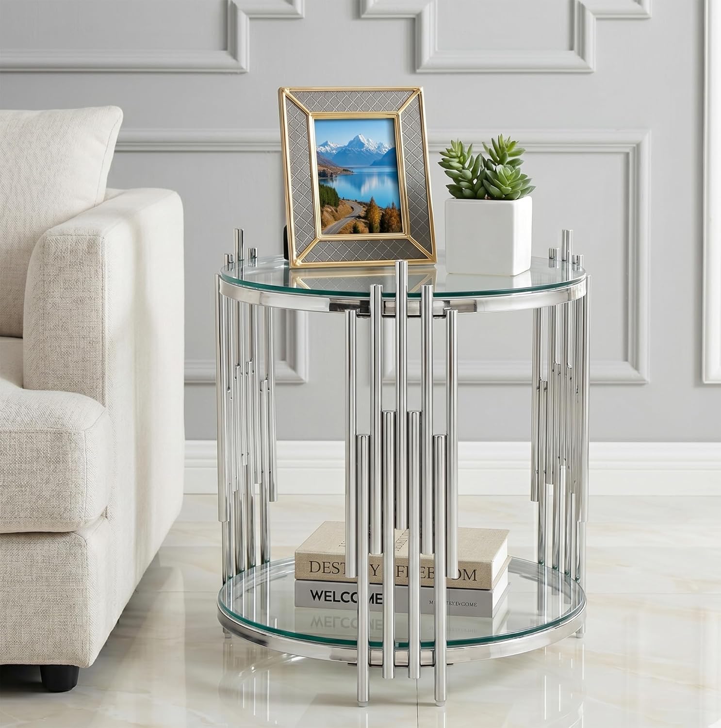 3 Piece Round Glass Coffee Table Set of 3, 31.5' Circle Coffee Table and 2 End Tables Set with Silver Stainless Steel Frame, Modern 2-Tier Clear Silver Living Room Table Set for Home Office