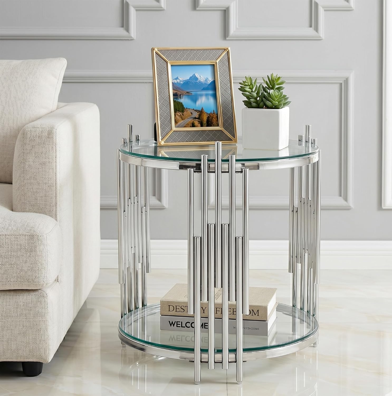 Round Coffee Table Set of 2 Modern Circle Glass Coffee and End Table Sets with Stainless Steel Frame 2 Pieces Living Room Center Table Sofa Side Table for Home Office
