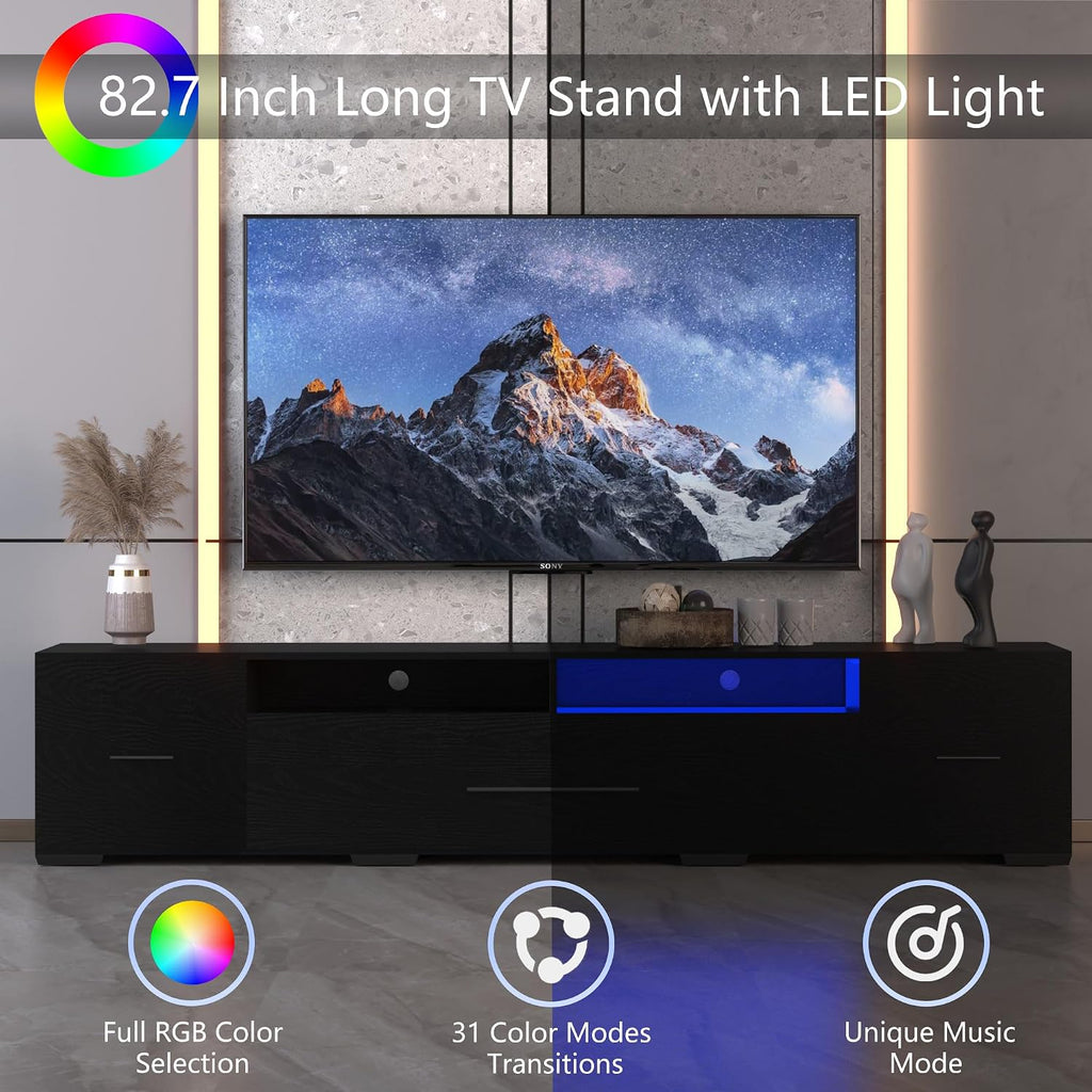 BAMACAR Black TV Stand For 90 Inch TV, Long Entertainment Center For 80 85 85+ 90 Inch TV Stand With Storage, Black TV Console 90 86 85+ 85 80 Inch TV Stands For Living Room, TV Stand 90 Inch TV Table