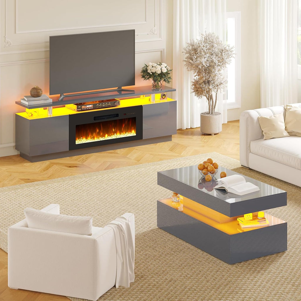 AMERLIFE 3 Piece Modern Living Room Table Set, Includes 70' High Gloss Fireplace TV Stand, 2-Tier Coffee Table, LED Lights Entertainment Center Set for Living Room, Grey