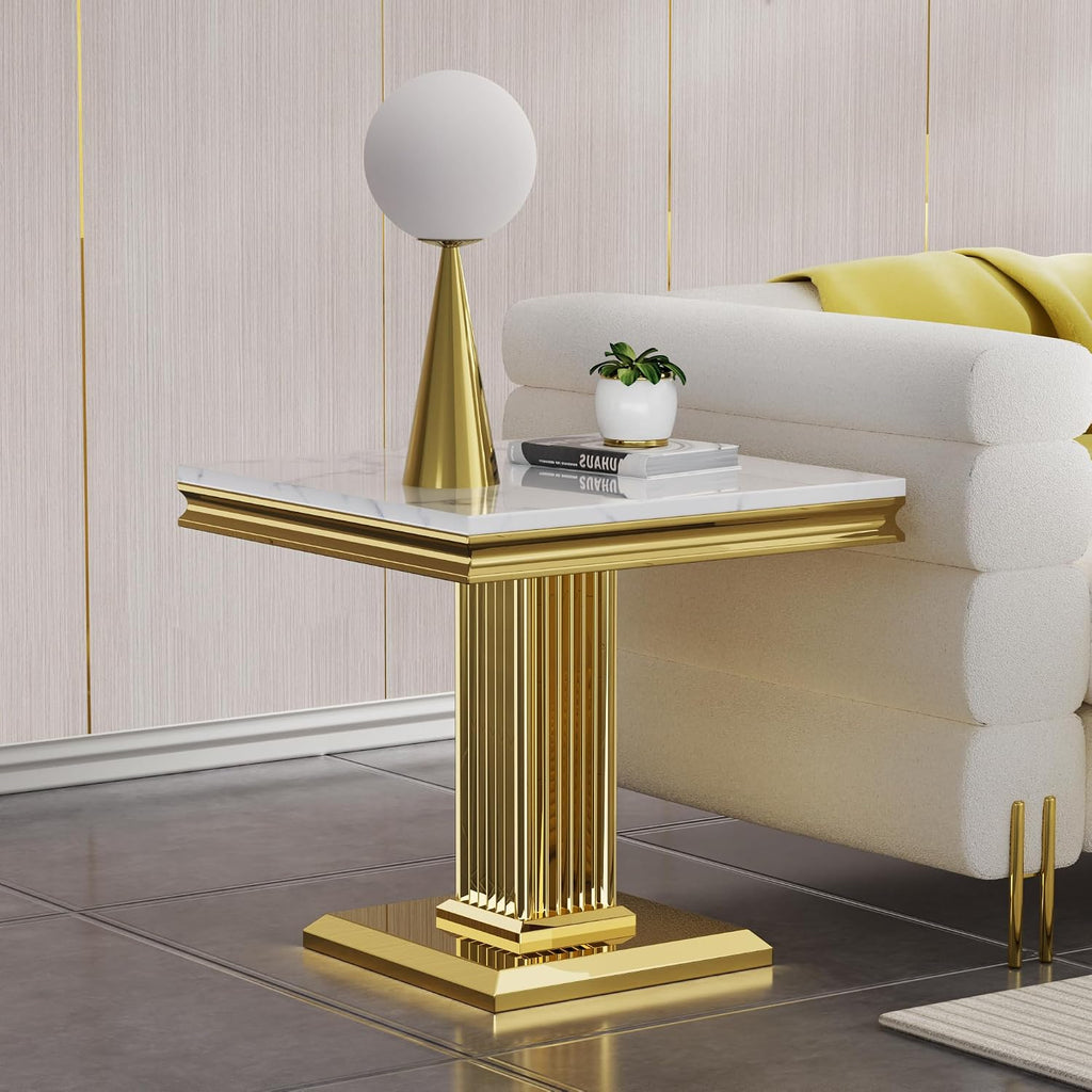 Modern 3 Piece Marble Living Room Table Set, Includes 1 Coffee Table & 2 End Table, Luxury White Faux Marble Coffee Table Set with Gold Column-Shaped Stainless Steel Base for Home Office
