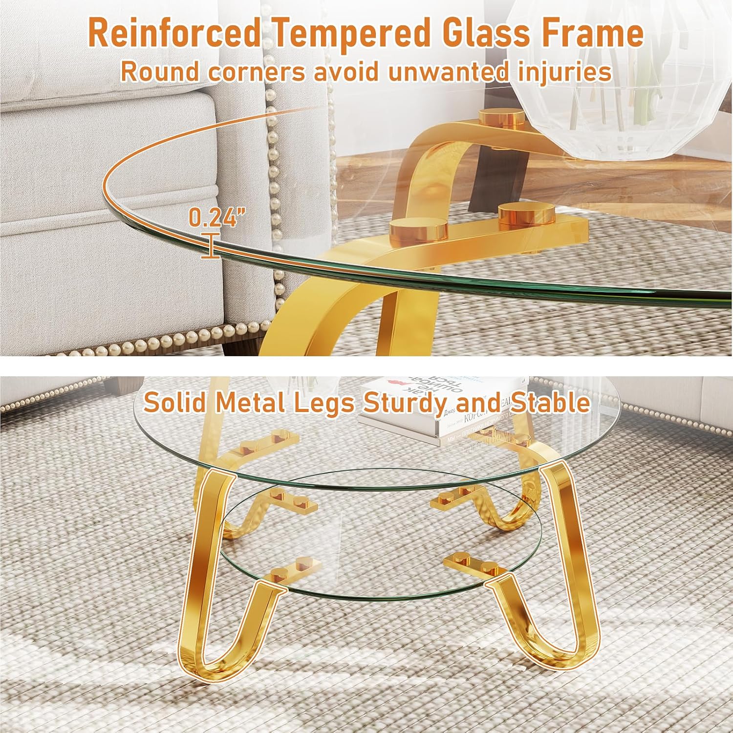 Rovibek Round Glass Coffee Table, 31.5 Modern Round Glass Coffee Tables with Storage and Metal Frame, 2-Tier Tempered Glass Top Small Center Table for Living Room, Easy Assembly, Gold