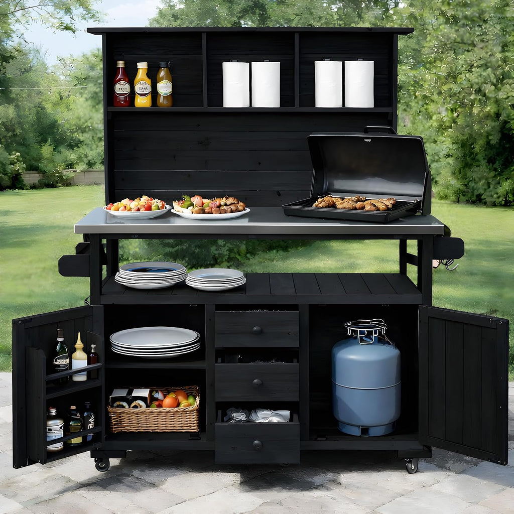 Merax 65''H Large Garden Storage Potting Bench with Lockable Wheels, Wood Outdoor Kitchen Island with Stainless Steel top, Drawers, Door Shelves and Hutch for Grilling, Black