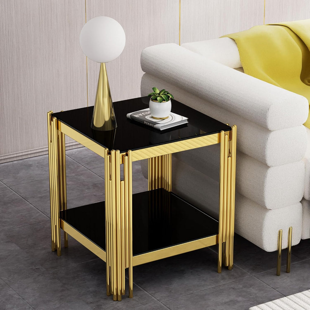 SSLine 2-Piece Living Room Table Set, Modern Black Glass Coffee Table with 1 End Table, Luxury Rectangle 2-Tier Storage Coffee Table Set with Gold Stainless Steel Frame for Living Room