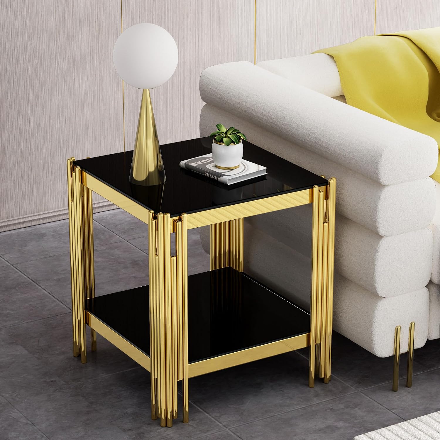 SSLine 2-Piece Living Room Table Set, Modern Black Glass Coffee Table with 1 End Table, Luxury Rectangle 2-Tier Storage Coffee Table Set with Gold Stainless Steel Frame for Living Room