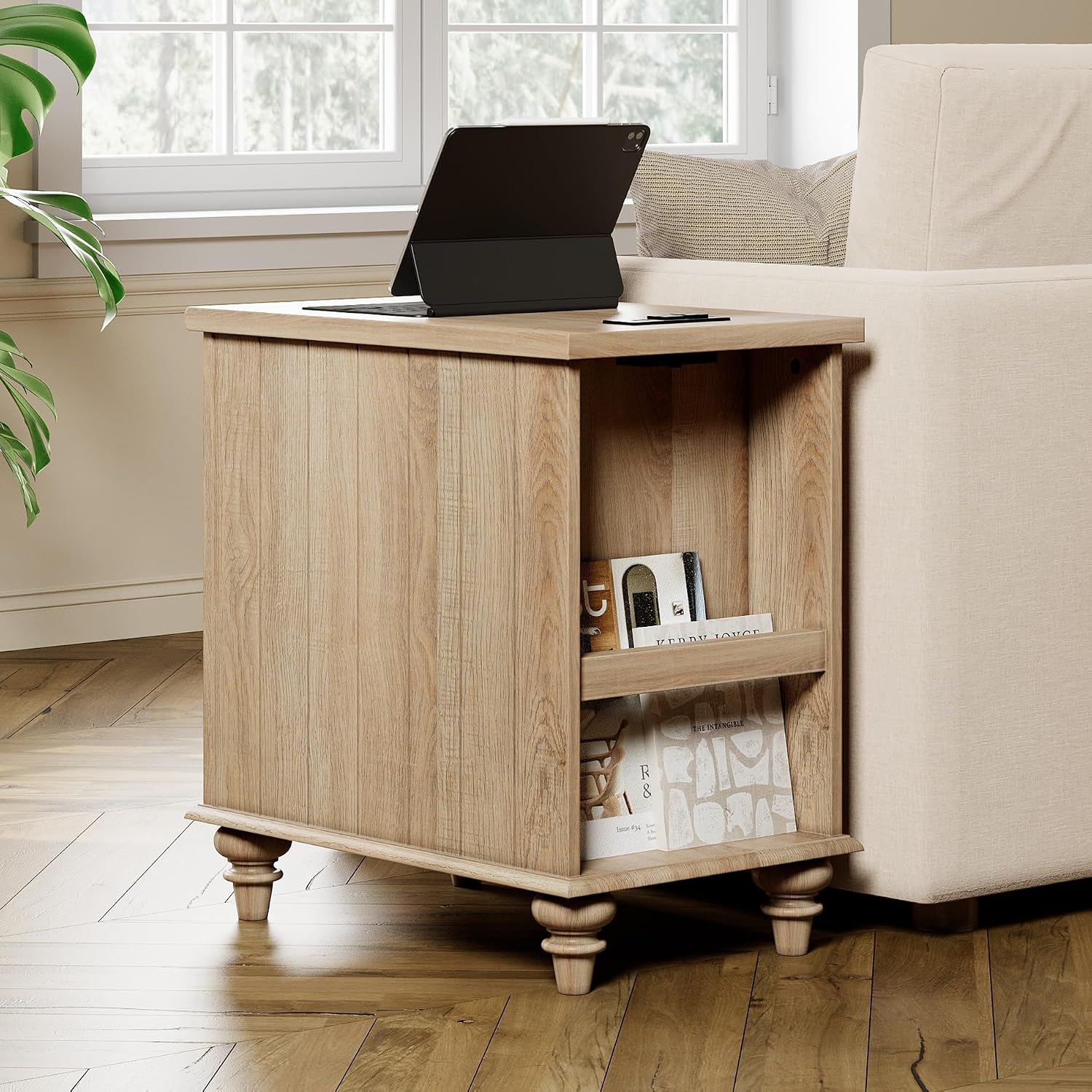 WAMPAT 3 Pieces Living Room Table Set, One Farmhouse Coffee Table with Storage Cabinet & Drawer, Set of 2 Rattan End Tables Nightstands with Charging Station, Oak